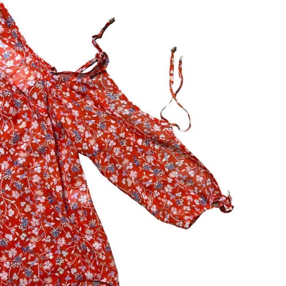 NWT Veronica Beard Red Floral 100% Silk Tie Arm Top - Picture 6 of 11